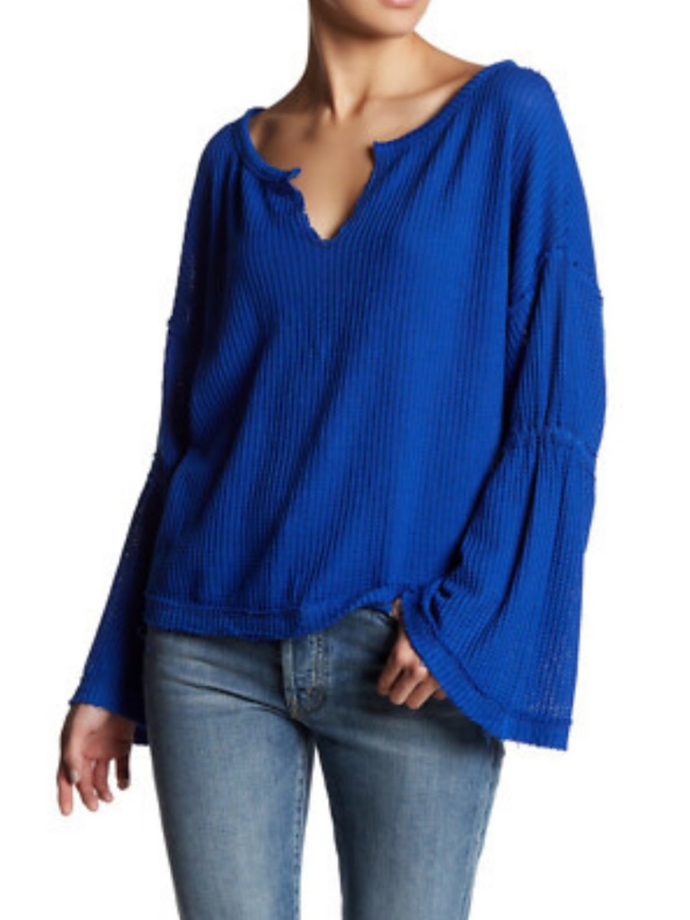 Free People / We The Free Dahlia Waffle Knit Royal Blue Bell Sleeve Size M